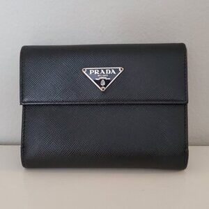 Prada Black Saffiano Leather Wallet with Silver Triangle Logo